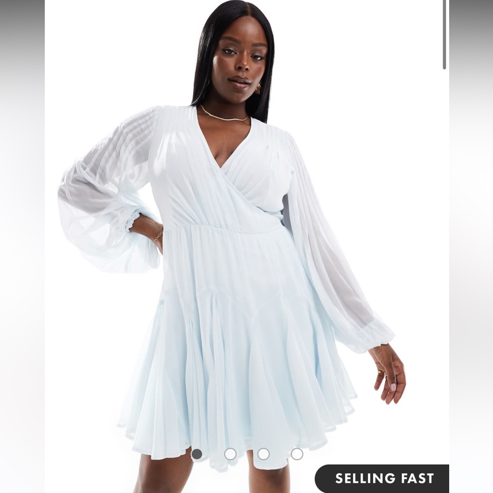 Chiffon Long Sleeve V-Neck Skater Dress - Light Blue